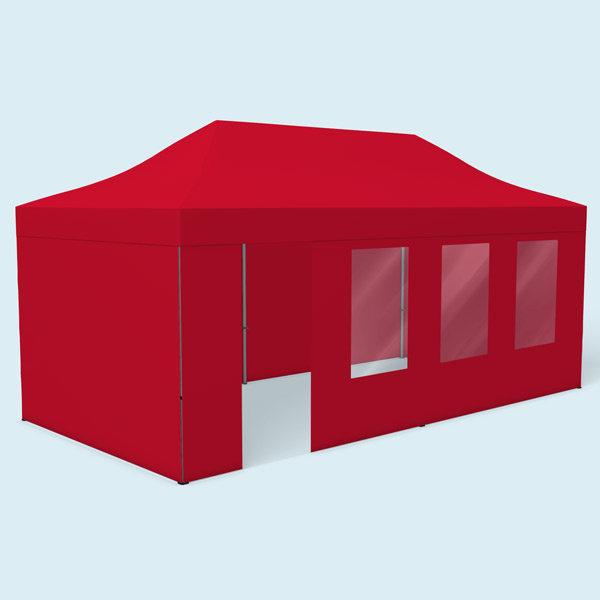 Tente Basic 3 x 6 m, avec 3 cloisons pleines, 1 avec porte et 3 fenêtres