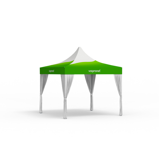 Tente pliante Select 3 x 3 m, complétée par 4 rideaux décoratifs blancs