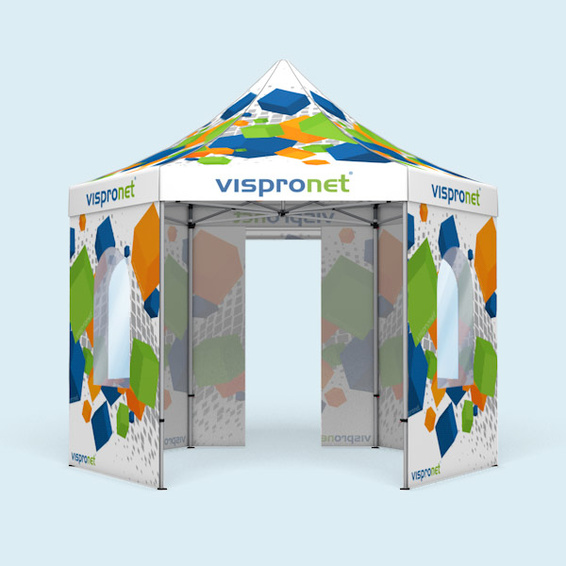 Tente pliable avec 5 cloisons, dont 1 avec porte et 4 avec fenêtres arquées