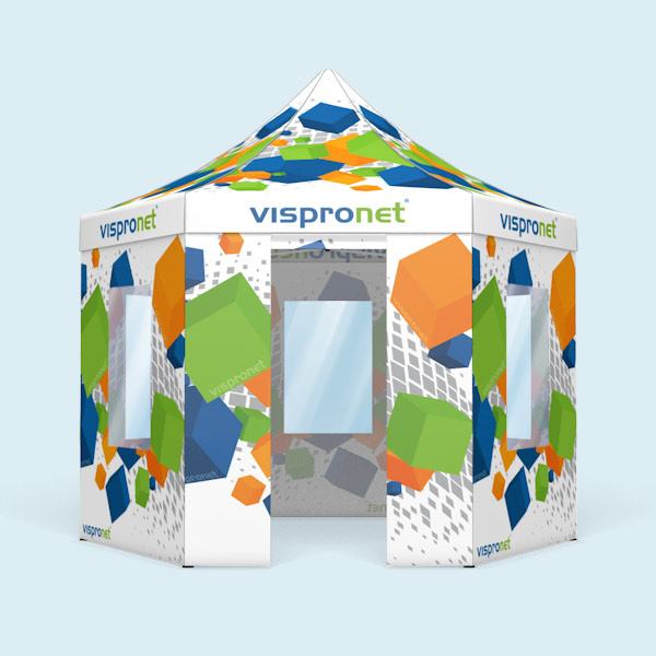 Tente Hexagon avec 6 cloisons, dont 1 avec porte et 5 avec ou sans fenêtres