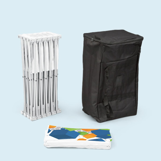 Volume de livraison Pop Up LED pliable 5 x 3, avec sac de transport et visuel