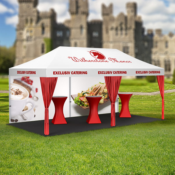 Tente pliante Select 3 x 6 m avec 1 paroi pleine et 3 rideaux décoratifs
