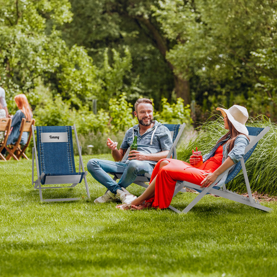 Chaise pliante alu, personnalisable, confortable, résistante aux intempérie