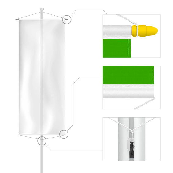 Bannière avec sécurisation anti-tempête, bord supérieur et inférieur avec fourreau en sangle