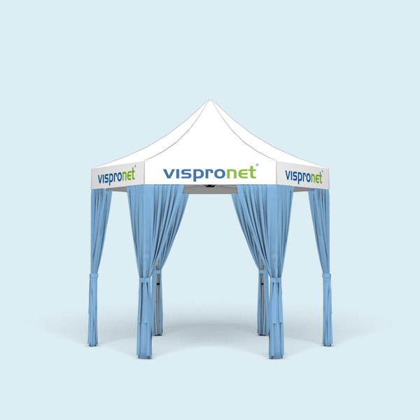 Pavillon Select Hexagon 3 m, complété de 6 rideaux de couleur bleu ciel