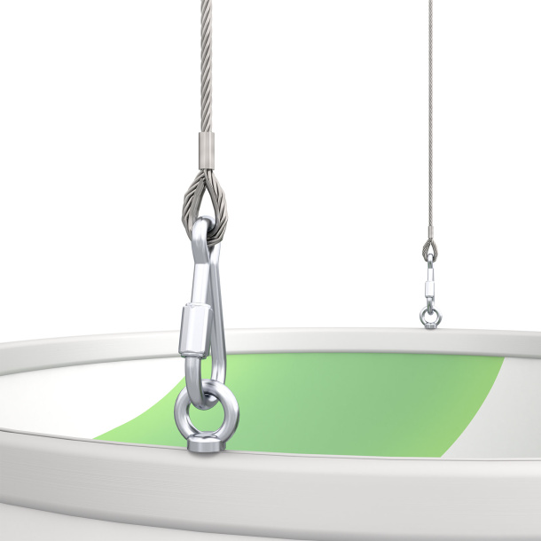 Détail : suspension BGV C1 avec vis à anneau et câble d'arrêt