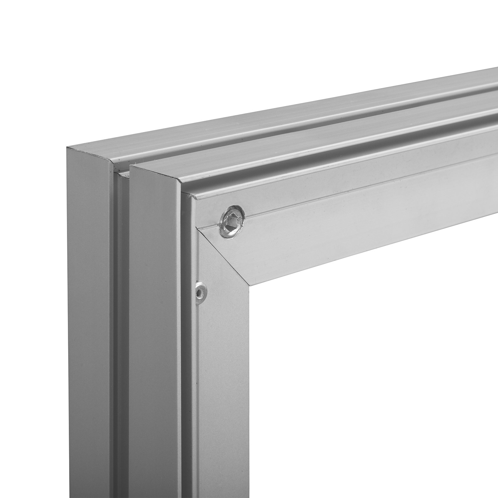 Display mural Q-Frame® – Détail coin du cadre en aluminium