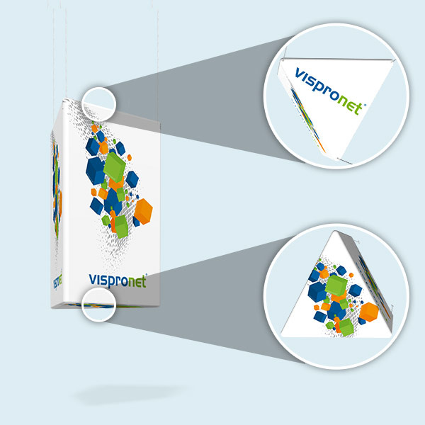 Enseigne suspendue : Triangle à 5 faces imprimées (toutes faces fermées)