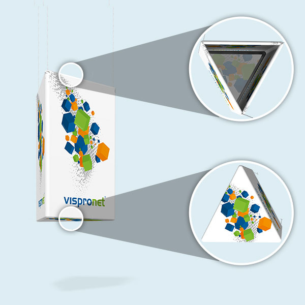 Enseigne suspendue : Triangle à 4 faces imprimées (haut ouvert, bas fermé)
