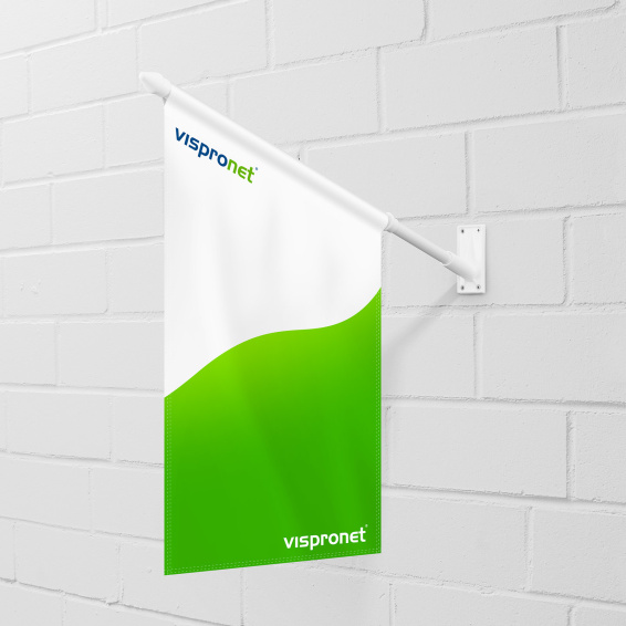 Drapeau pour glacier en textile, bord inférieur droit, dimensions 46 x 52/64 cm, support incliné à 75°