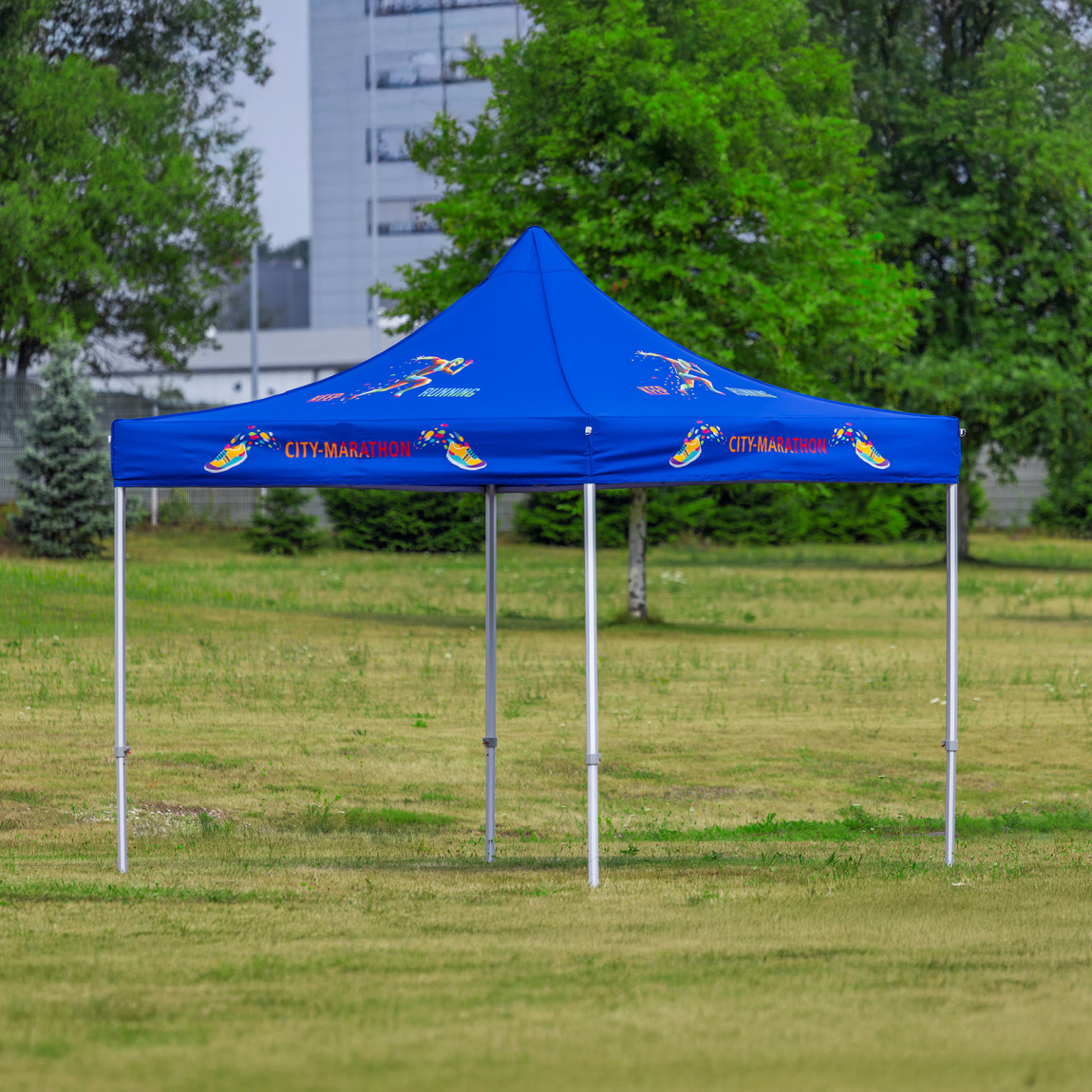 Tente pliante 3 x 3 m, bleue avec logo imprimé