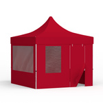 Tente pliante 3 x 3 m avec 1 paroi pleine, 2 parois avec fenêtres panoramiques et 1 paroi avec porte et fenêtre, rouge