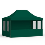 Tente pliante 3 x 4,5 m avec 1 paroi pleine, 1 paroi mi-haute et 2 parois avec fenêtres, verte