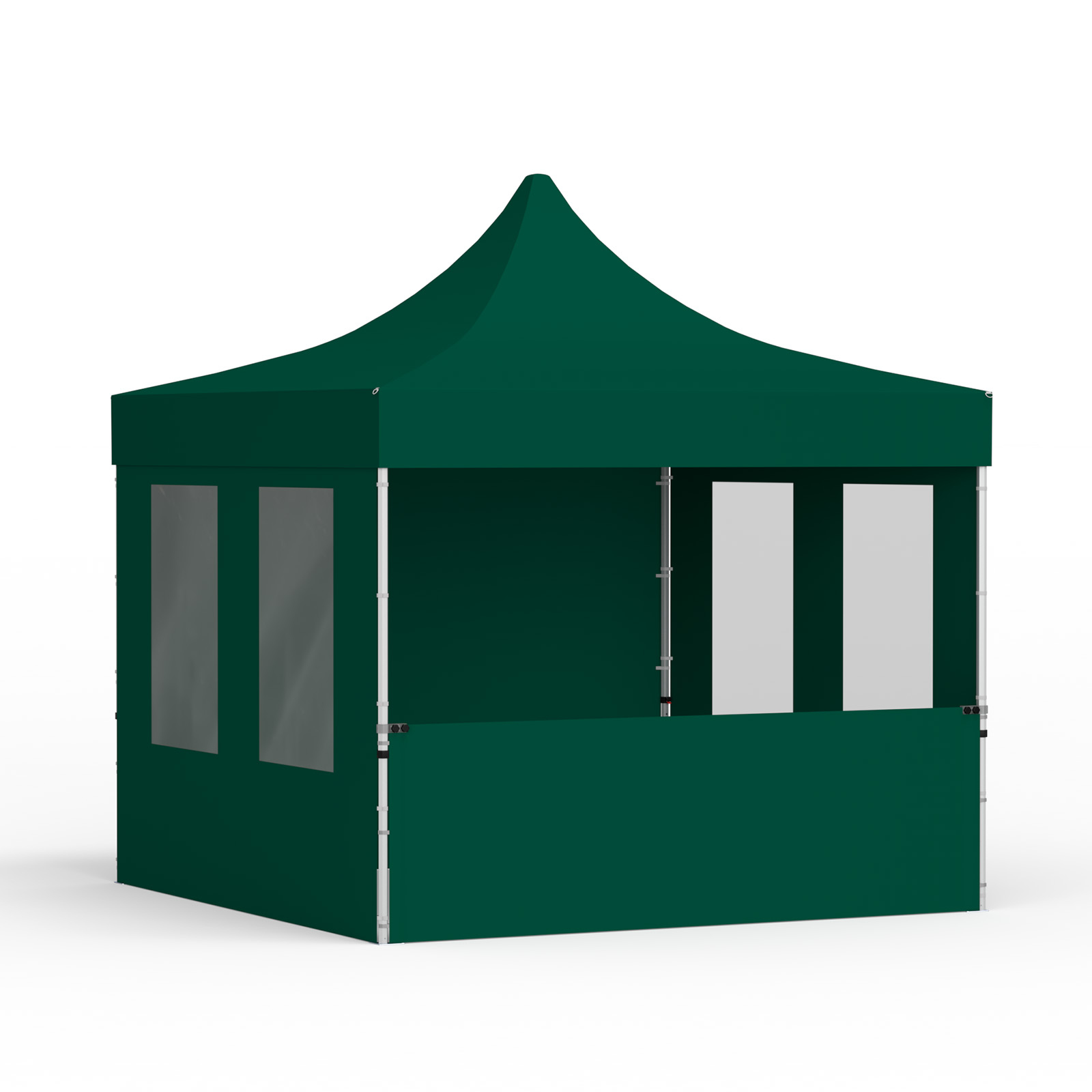 Tente pliante 3 x 3 m avec 1 paroi pleine, 1 paroi mi-haute et 2 parois avec fenêtres, verte