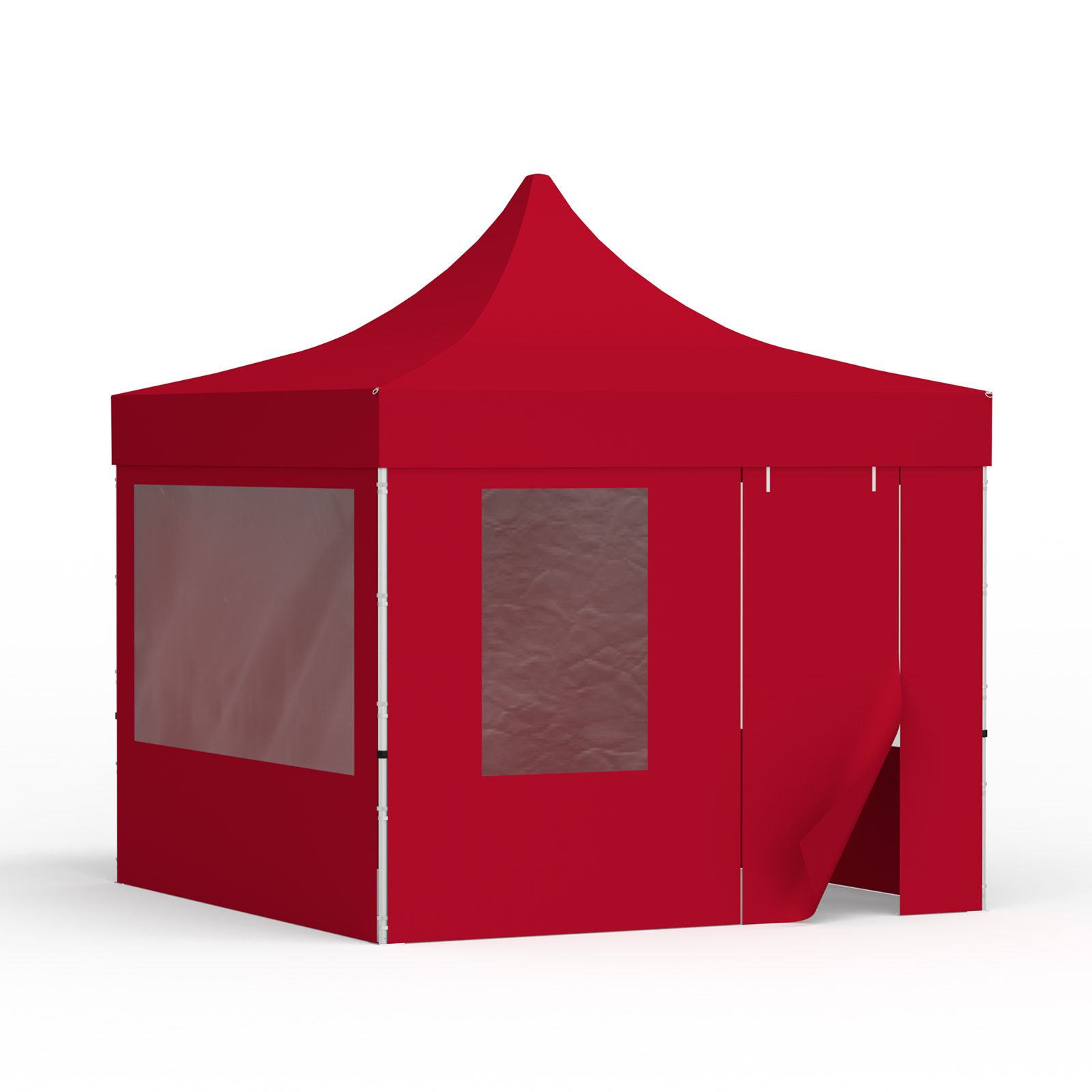 Tente pliante 3 x 3 m avec 1 paroi pleine, 2 parois avec fenêtres panoramiques et 1 paroi avec porte et fenêtre, rouge