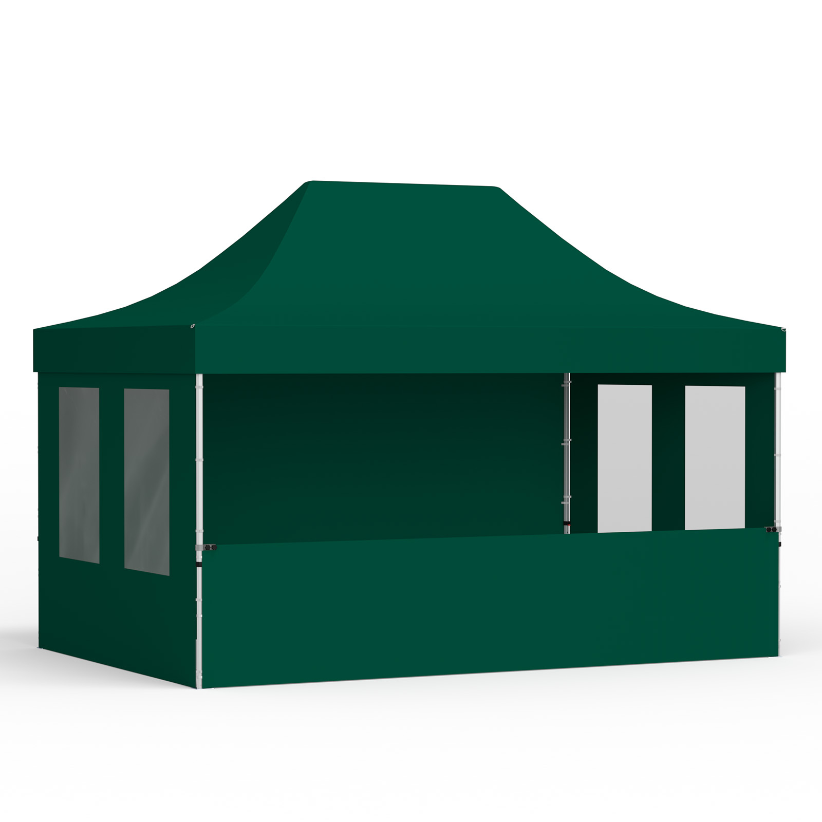 Tente pliante 3 x 4,5 m avec 1 paroi pleine, 1 paroi mi-haute et 2 parois avec fenêtres, verte