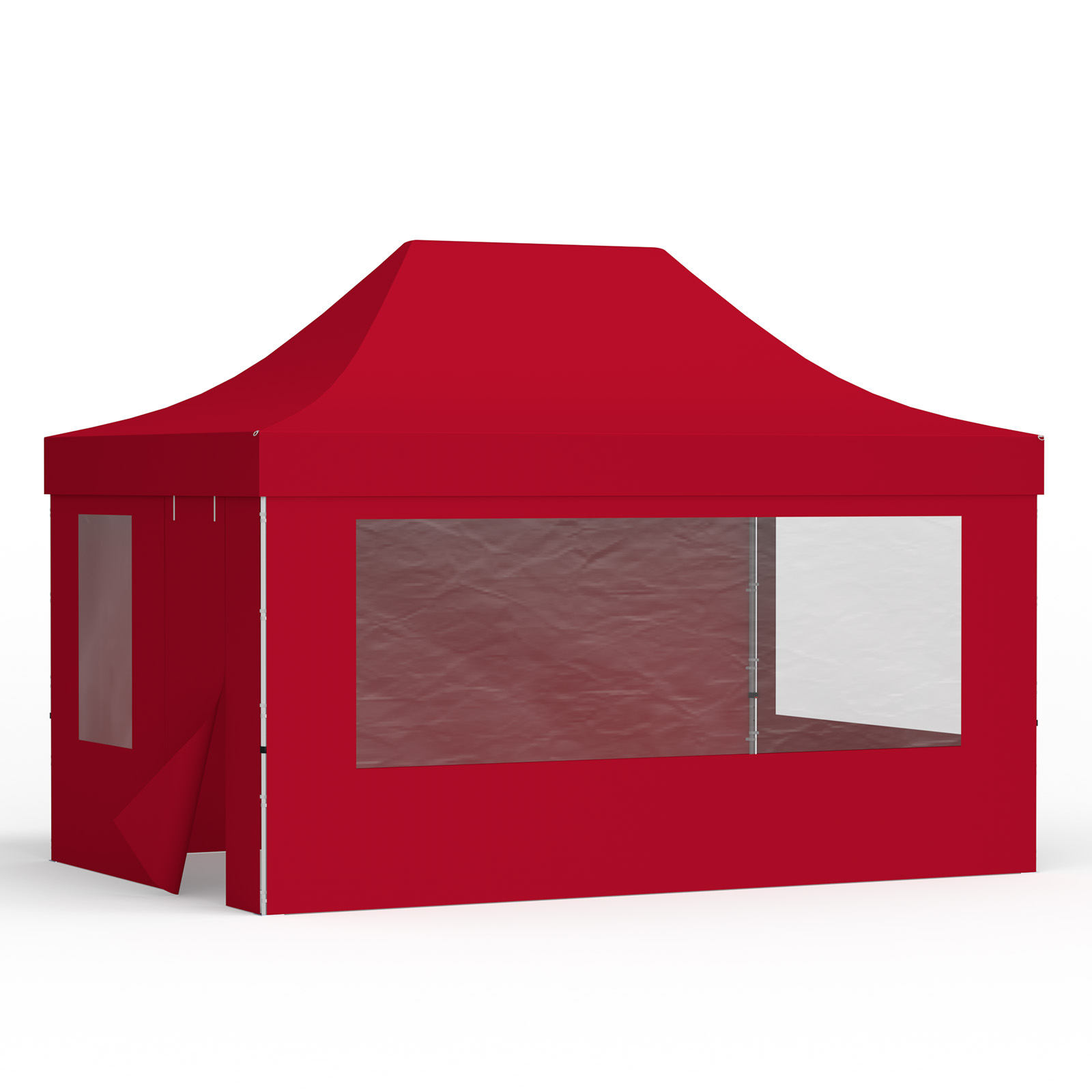 Tente pliante 3 x 4,5 m avec 1 paroi pleine, 2 parois avec fenêtres panoramiques et 1 paroi avec porte et fenêtre, rouge