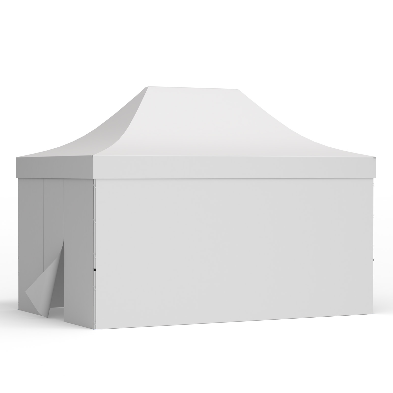 Tente pliante 3 x 4,5 m avec 3 parois pleines et 1 paroi avec porte, blanche