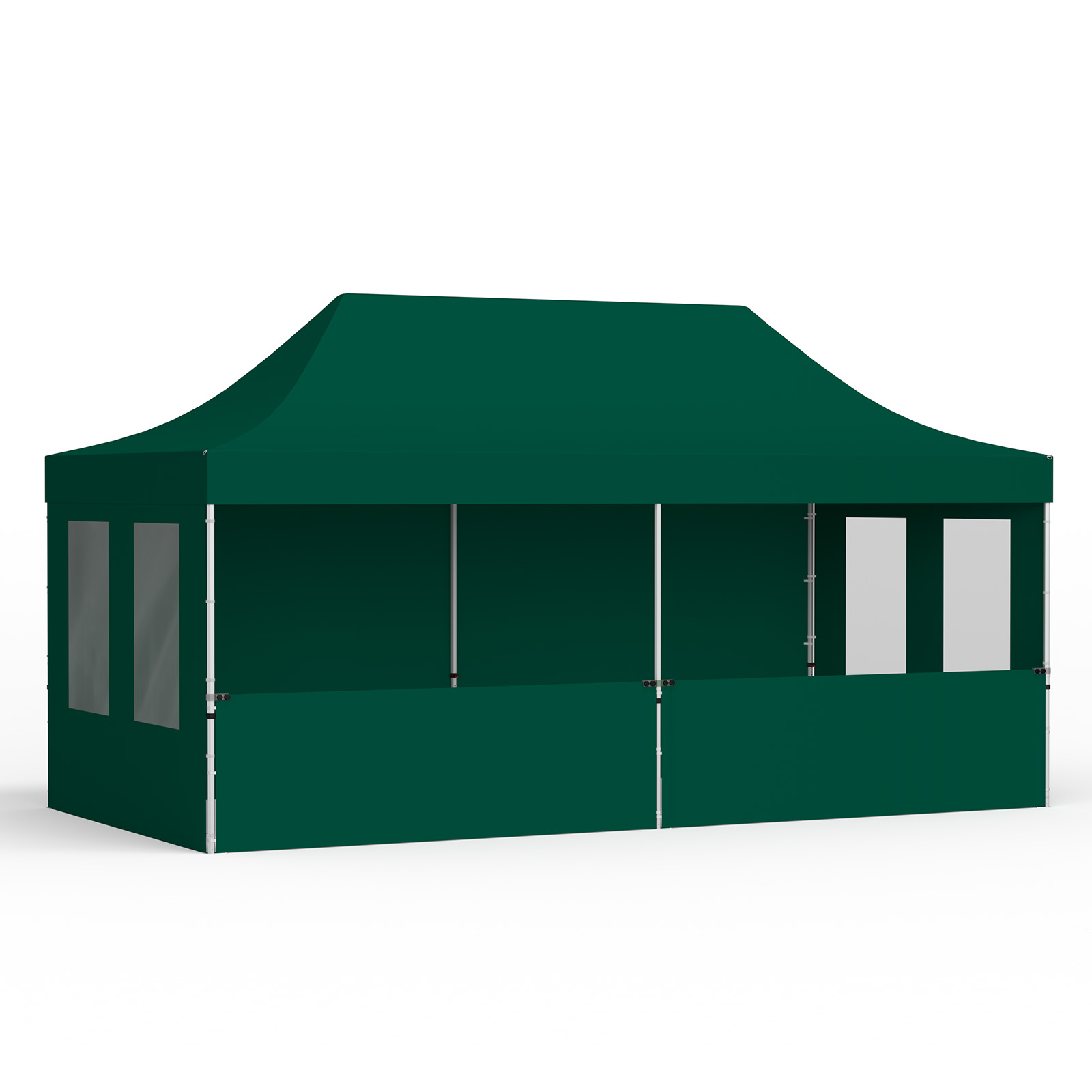 Tente pliante 3 x 6 m avec 1 paroi pleine, 2 parois à mi-hauteur et 2 parois avec fenêtres, verte