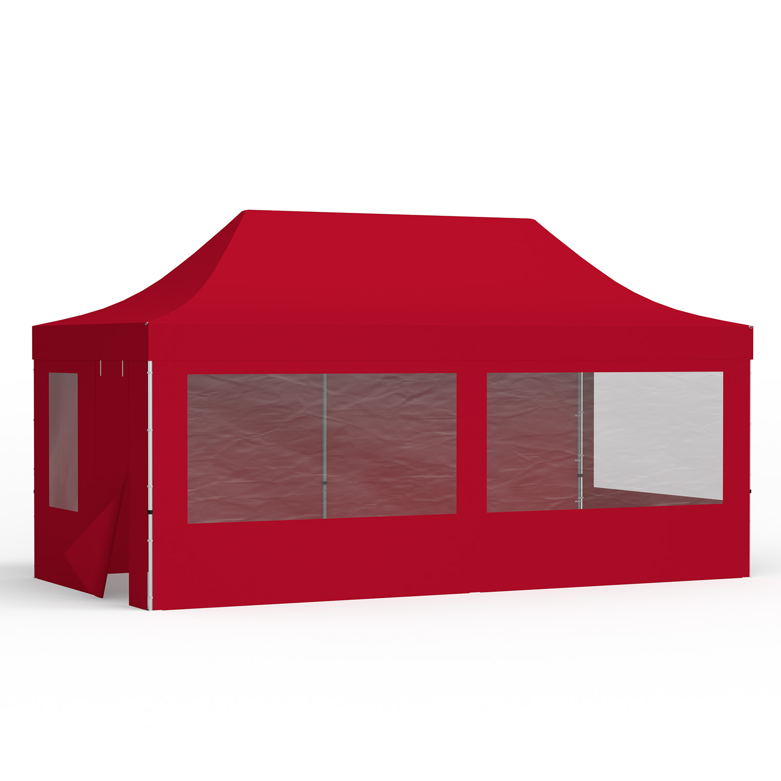 Tente pliante 3 x 6 m avec 1 paroi pleine, 2 parois avec fenêtres panoramiques et 1 paroi avec porte et fenêtre, rouge