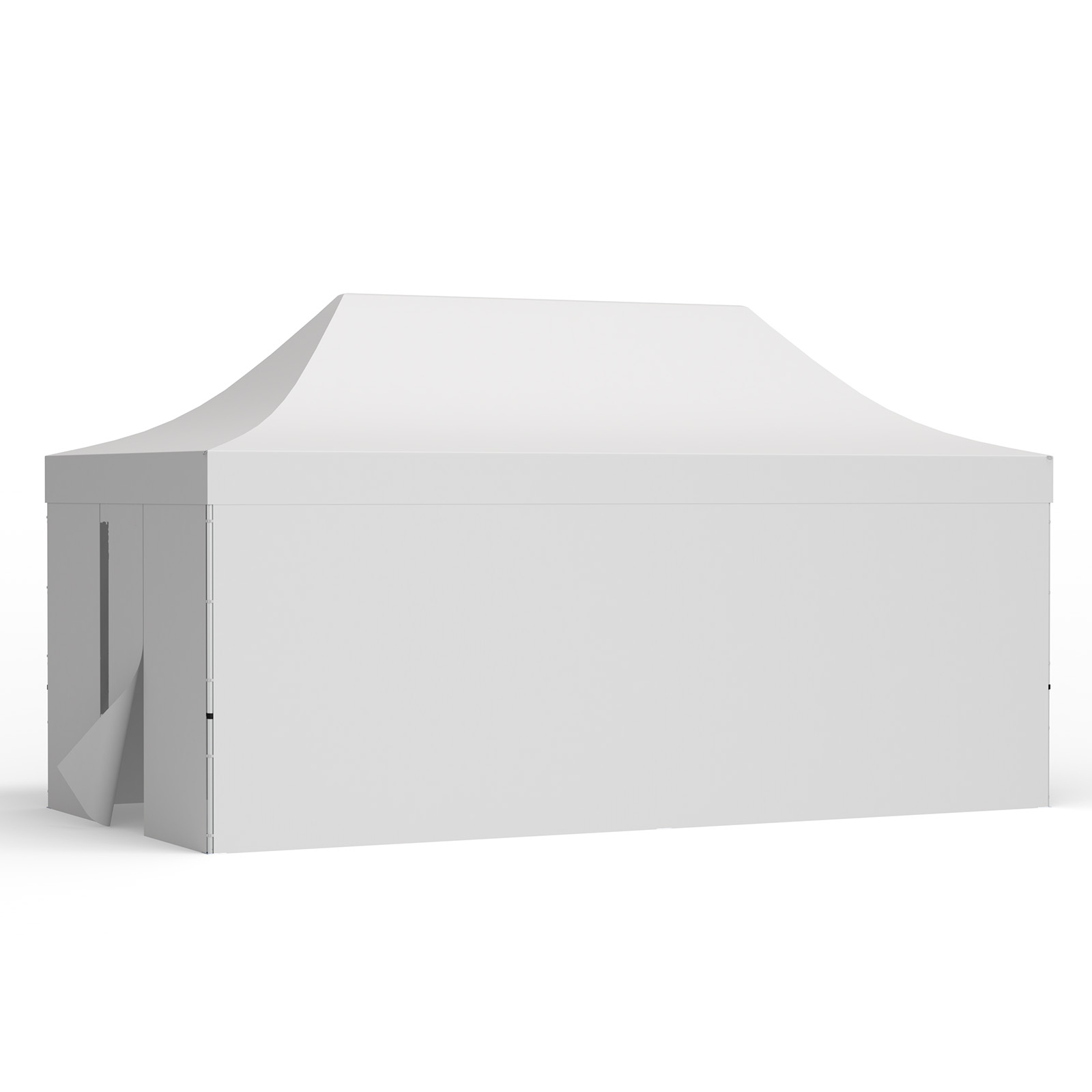 Tente pliante 3 x 6 m avec 3 parois pleines et 1 paroi avec porte, blanche