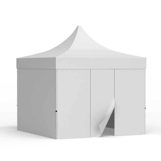 Tente pliante 3 x 3 m avec 3 parois pleines et 1 paroi avec porte, blanche