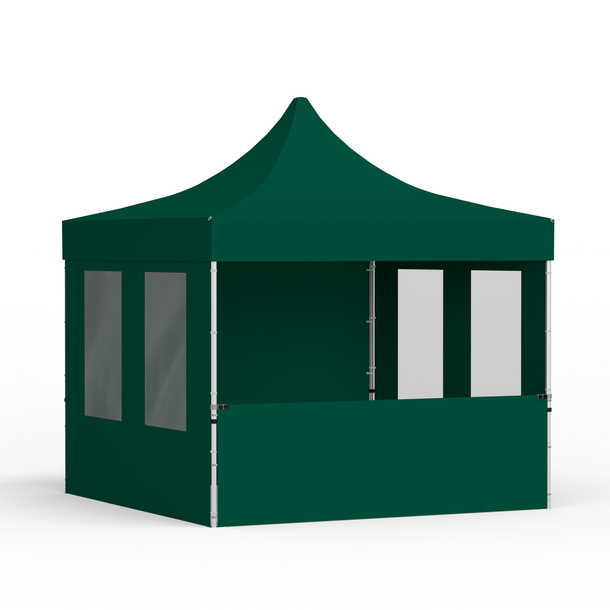 Tente pliante 3 x 3 m avec 1 paroi pleine, 1 paroi mi-haute et 2 parois avec fenêtres, verte