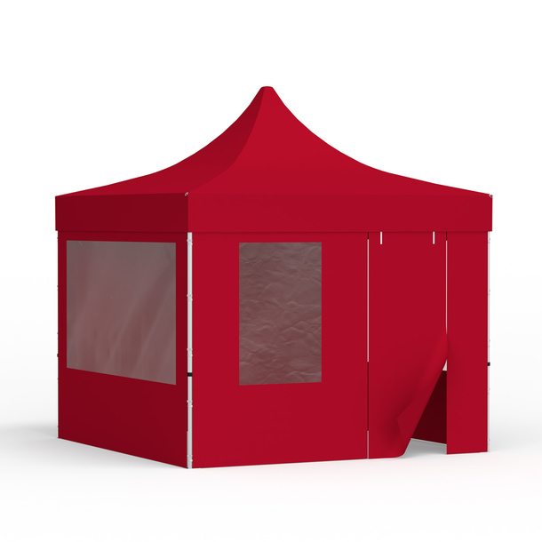 Tente pliante 3 x 3 m avec 1 paroi pleine, 2 parois avec fenêtres panoramiques et 1 paroi avec porte et fenêtre, rouge