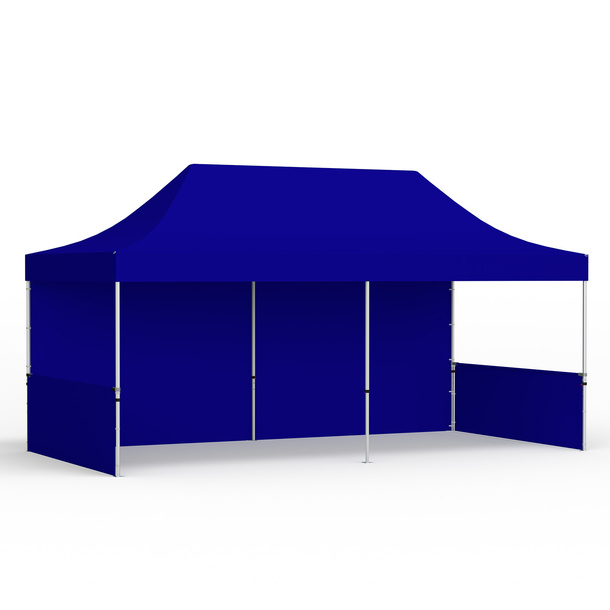 Tente pliante 3 x 6 m avec 1 paroi pleine et 2 parois à mi-hauteur, bleue