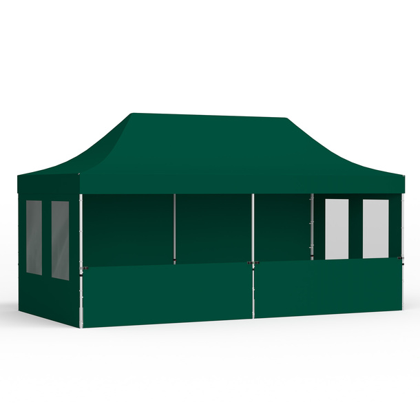 Tente pliante 3 x 6 m avec 1 paroi pleine, 2 parois à mi-hauteur et 2 parois avec fenêtres, verte