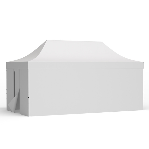 Tente pliante 3 x 6 m avec 3 parois pleines et 1 paroi avec porte, blanche