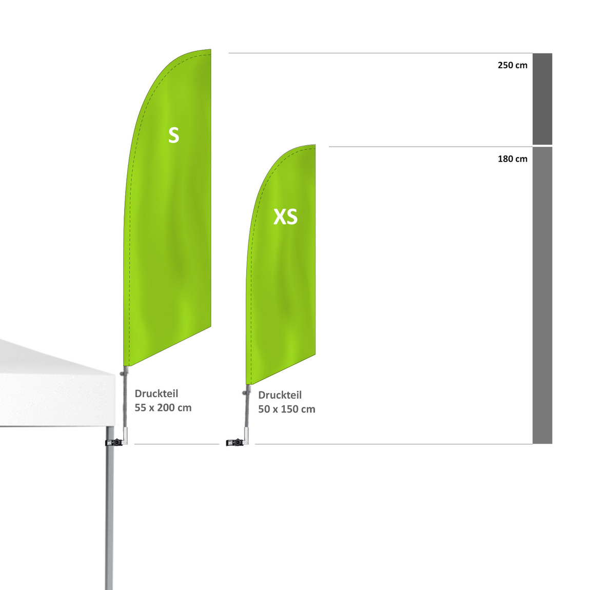 Comparaison des tailles Bowflag® Basic avec support Bowflag® vertical