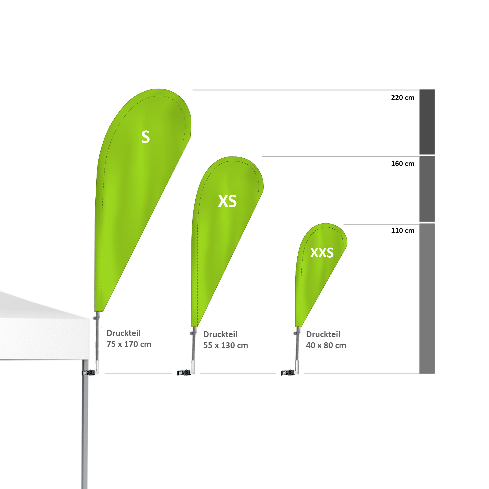 Aperçu des formats Bowflag® Basic avec fixation Bowflag® verticale