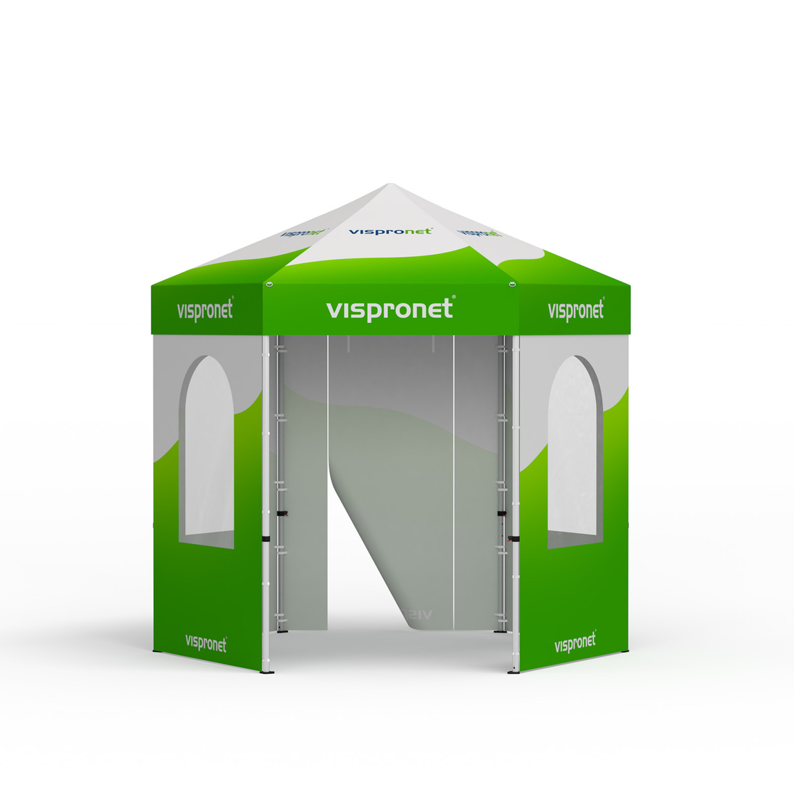 Tente pliante comprenant 1 paroi avec porte et 4 parois avec fenêtres rondes