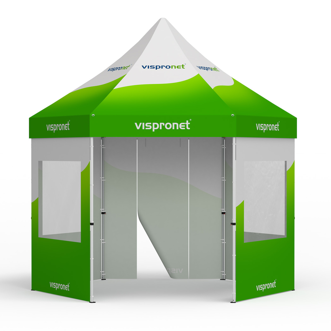 Tente pliante comprenant 1 paroi avec porte et 4 parois avec fenêtres panoramiques