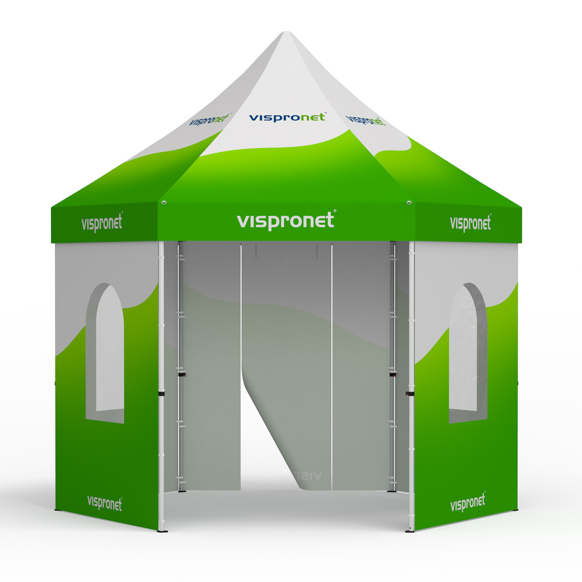 Tente pliante comprenant 1 paroi avec porte et 4 parois avec fenêtre ronde