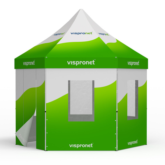 Tente Hexagon avec 6 cloisons, dont 1 avec porte et 5 avec ou sans fenêtres