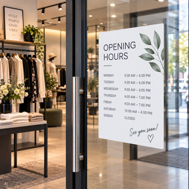 Autocollants permanents en film blanc indiquant les horaires d'ouverture