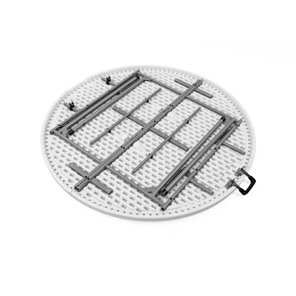 Table ronde pliante : structure repliée dans le plateau, refermable en valise