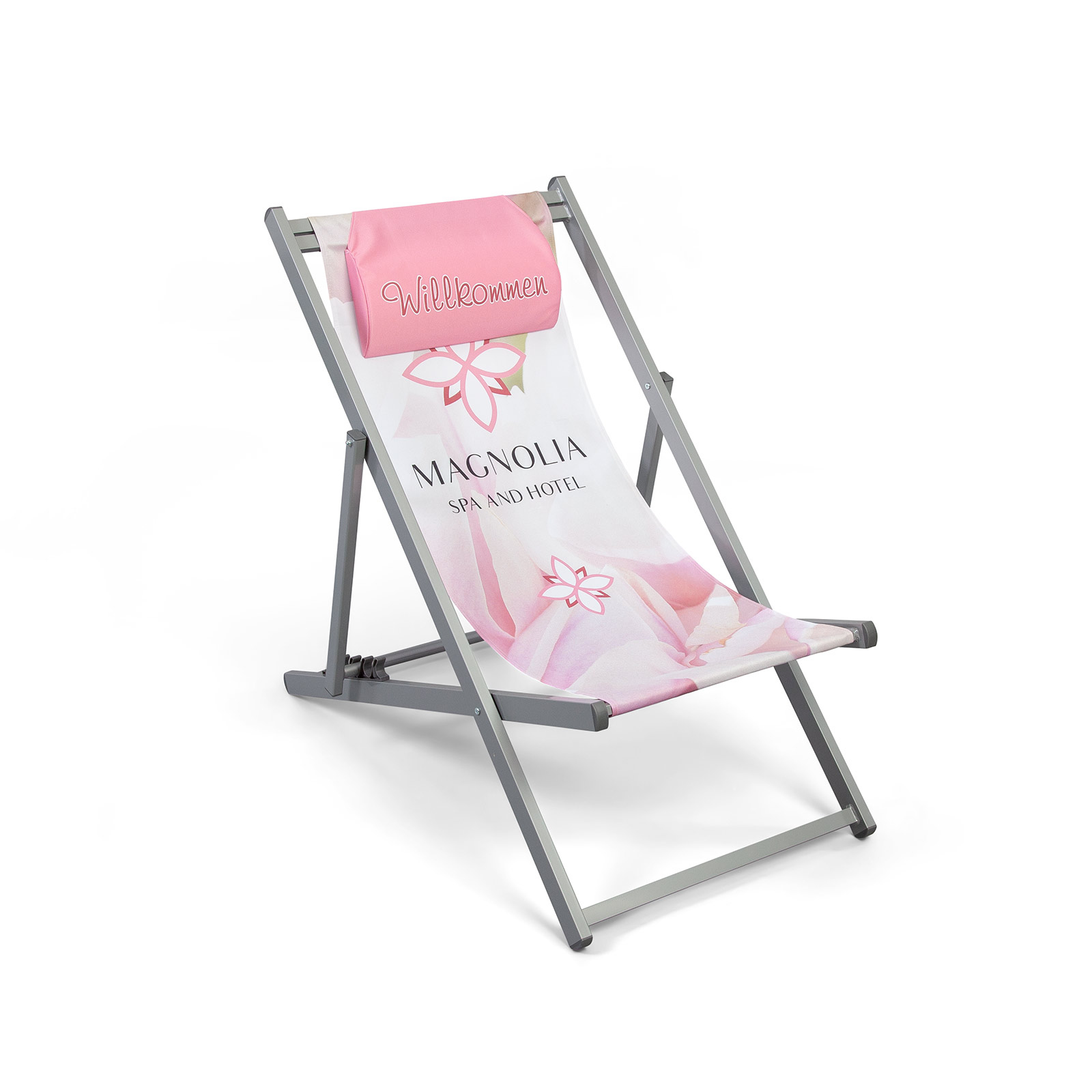 Chaise chiliennes en alu avec coussin de nuque imprimé