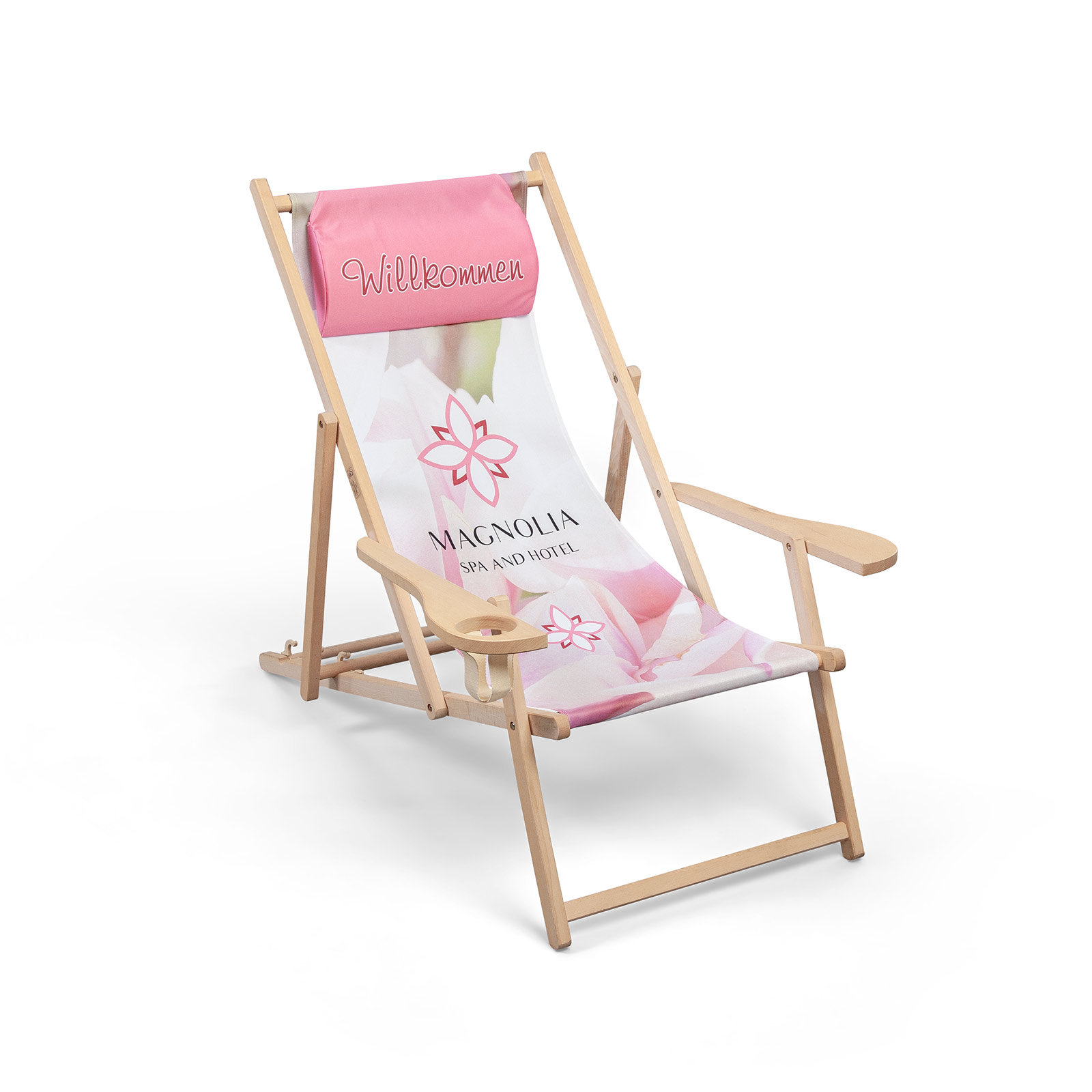 Chaise chilienne, accoudoirs bois, porte-boisson, coussin de nuque imprimé