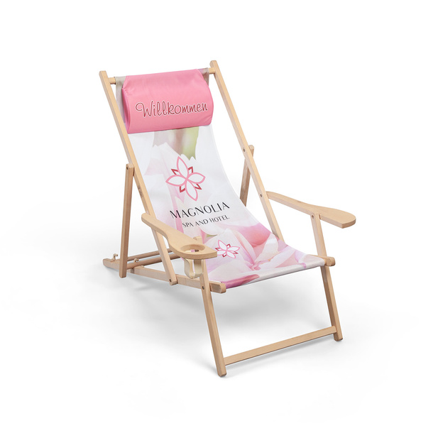 Chaise chilienne, accoudoirs bois, porte-boisson, coussin de nuque imprimé