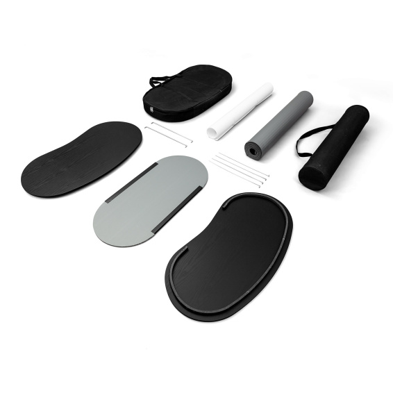 Comptoir de promotion léger, contenu de la livraison (exemple avec plateau supérieur et base noirs)