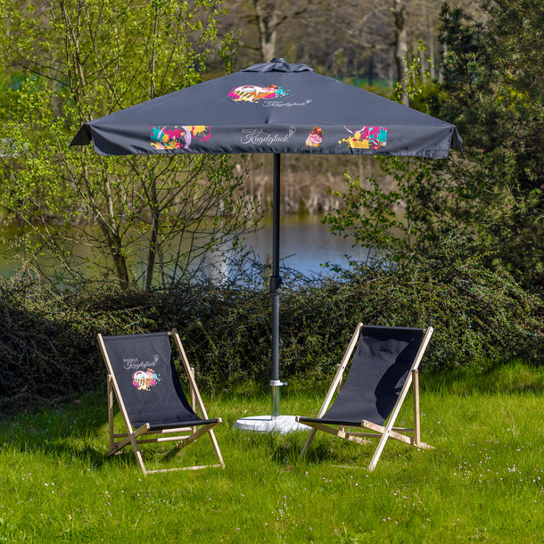 Combinaison parfaite en noir: parasol 300 × 300 cm et chaise longue avec impression DTF partielle ou toile unie
