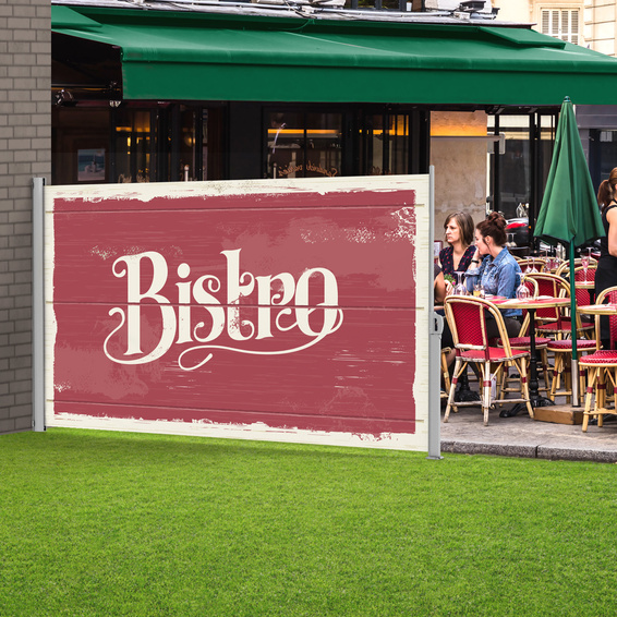 Auvent enroulable, montage mural gauche avec visuel au verso