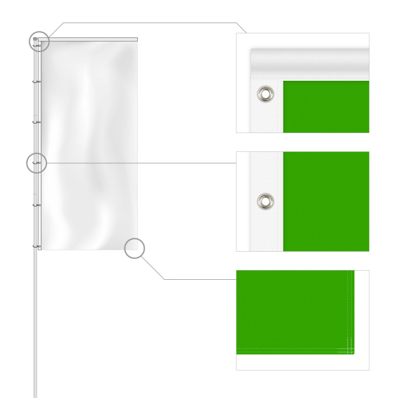 Drapeau ourlé tout autour, bord supérieur avec ourlet creux en ruban blanc, côté mât avec ruban blanc et œillets