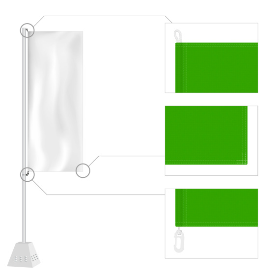 Finition : côté mât avec cordon cousu, boucle en haut, mousqueton en plastique en bas, autres côtés ourlés