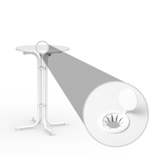 Table haute avec perçage pour mât de parasol et couvercle refermable