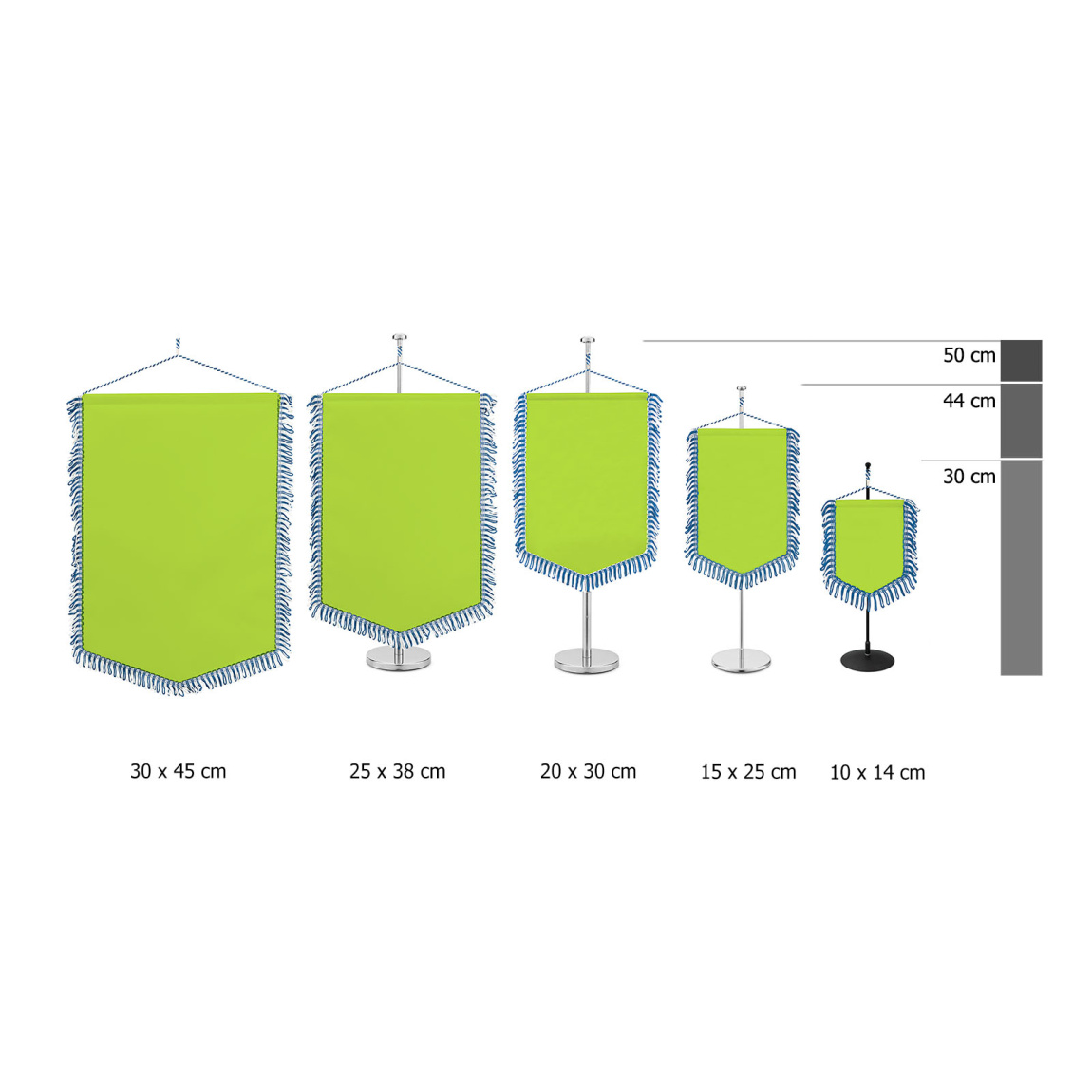 Bannière de table à bord inférieur pointu avec frange boucle, comparaison des tailles
