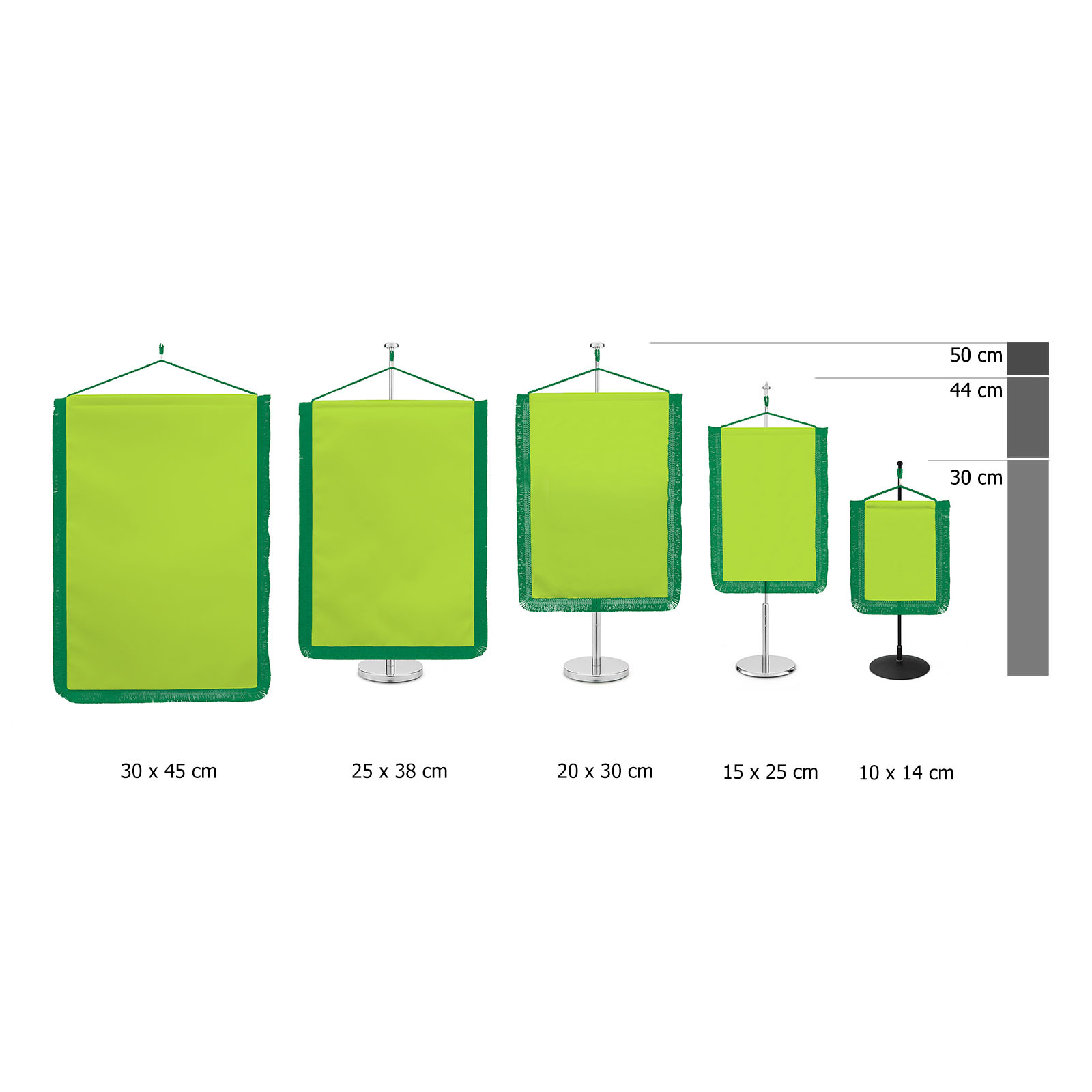 Bannière de table rectangulaire avec frange coupée, comparaison des tailles